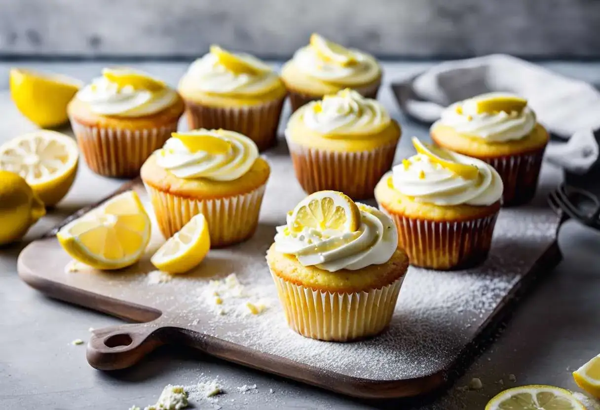 Plusieurs cupcakes citron avec un glaçage blanc crémeux et des garnitures de citron frais.