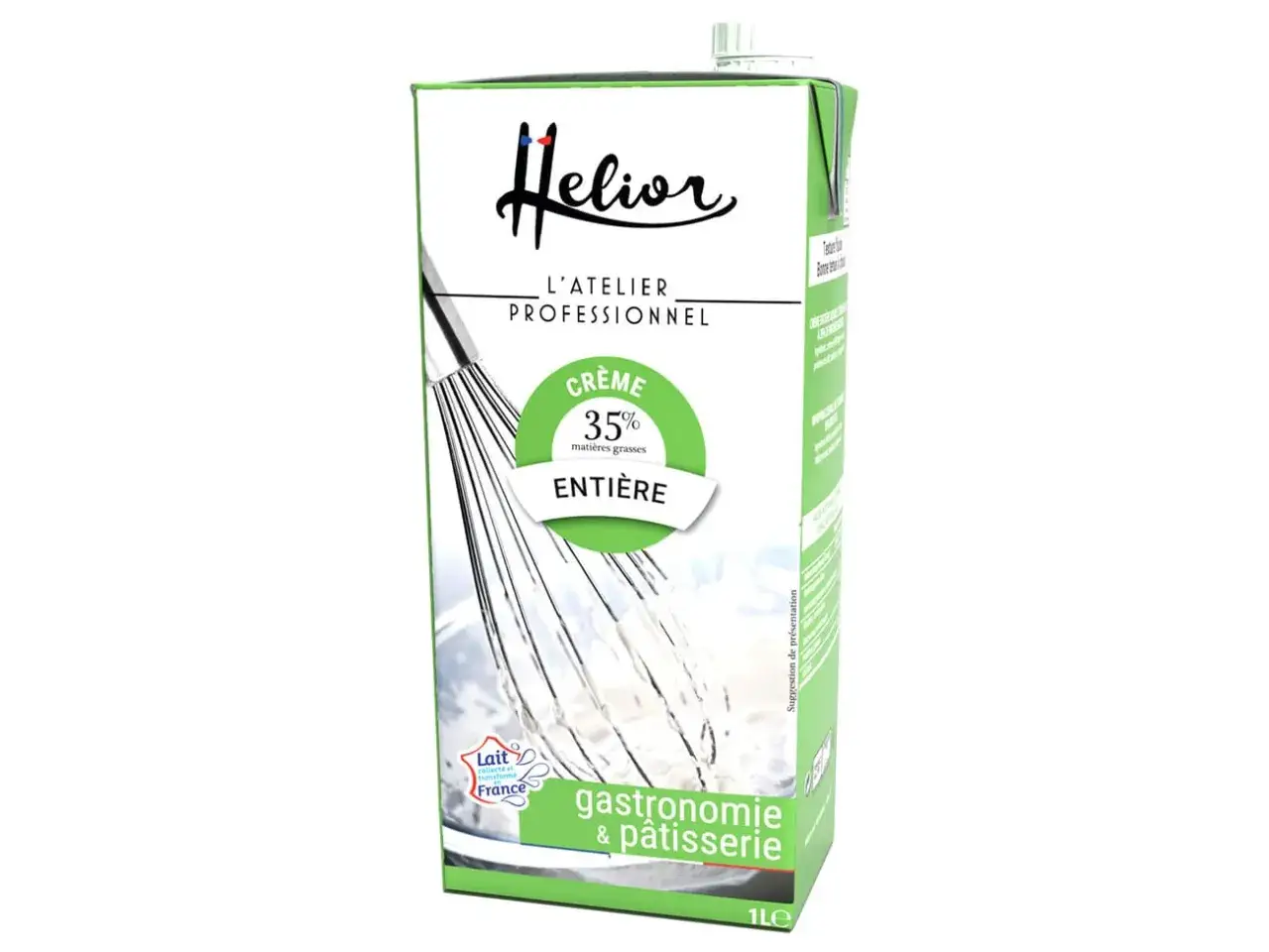 Boîte de crème liquide entière 35% Hélior, idéale pour la gastronomie et la pâtisserie. Parfait pour congeler et utiliser plus tard.
