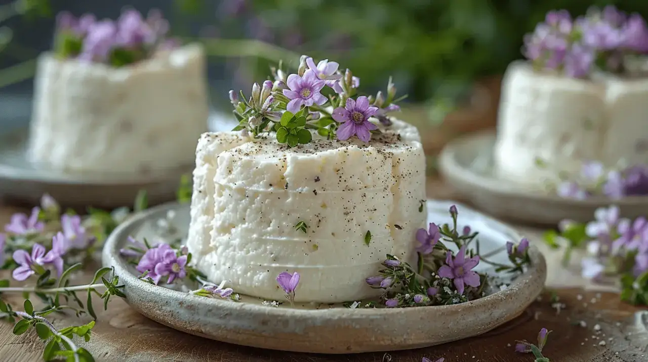 Petits fromages blancs d&eacute;cor&eacute;s de fleurs violettes, rappelant les ricotta bienfaits pour une d&eacute;gustation printani&egrave;re.