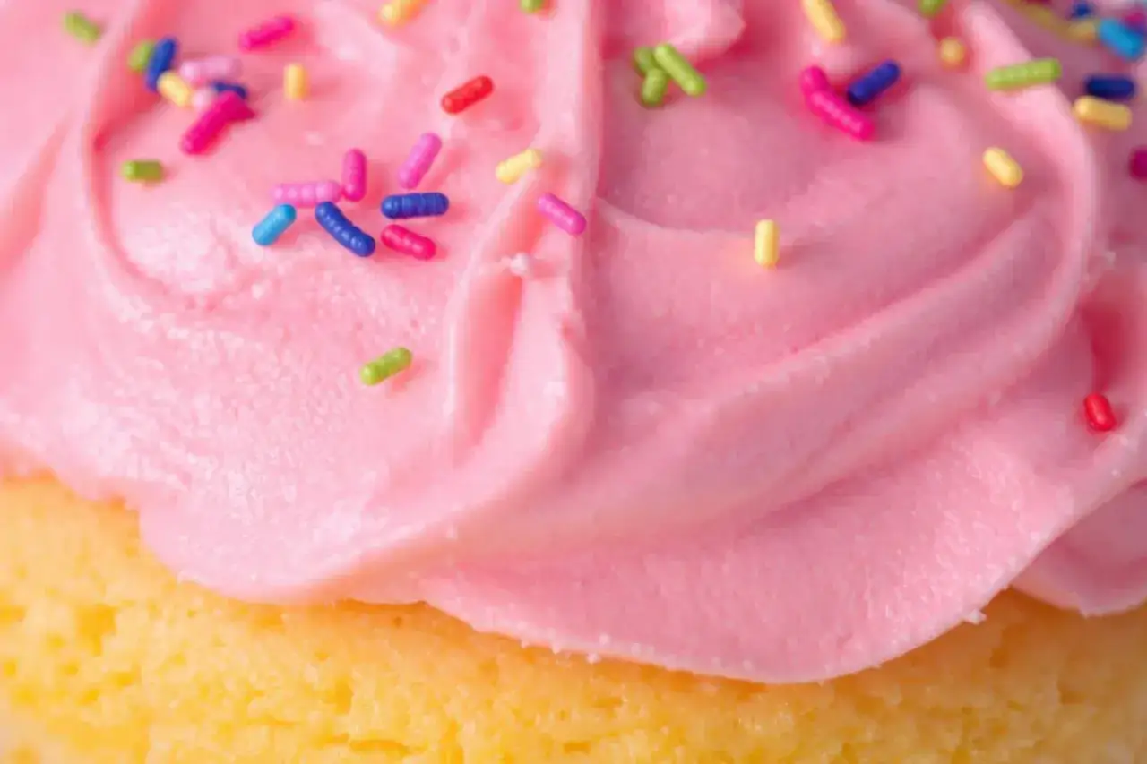 Glaçage cupcake sans beurre rose vif, parsemé de vermicelles colorés. Un délice léger et festif !