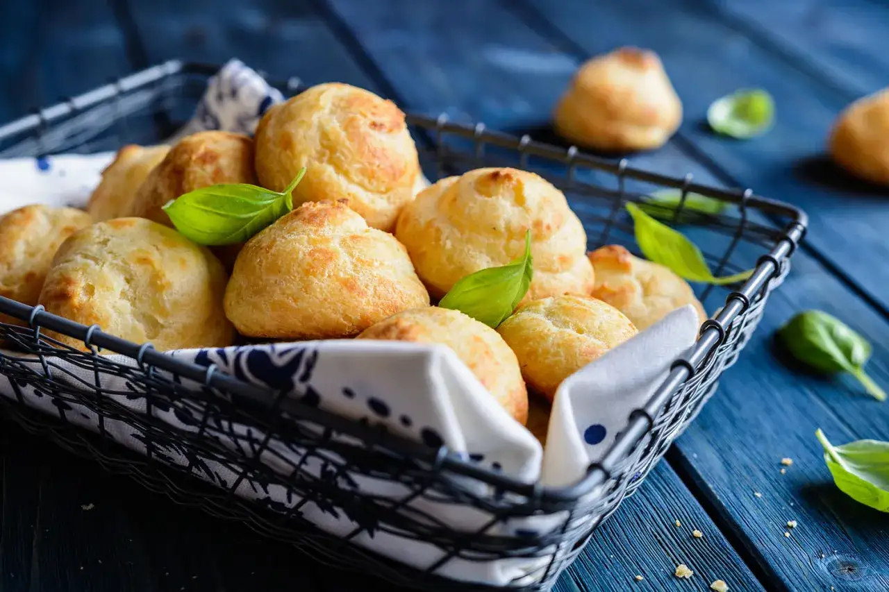 Gougères dorées dans un panier, garnies de feuilles de basilic. Une question se pose : pourquoi mes gougères ne gonflent pas ?