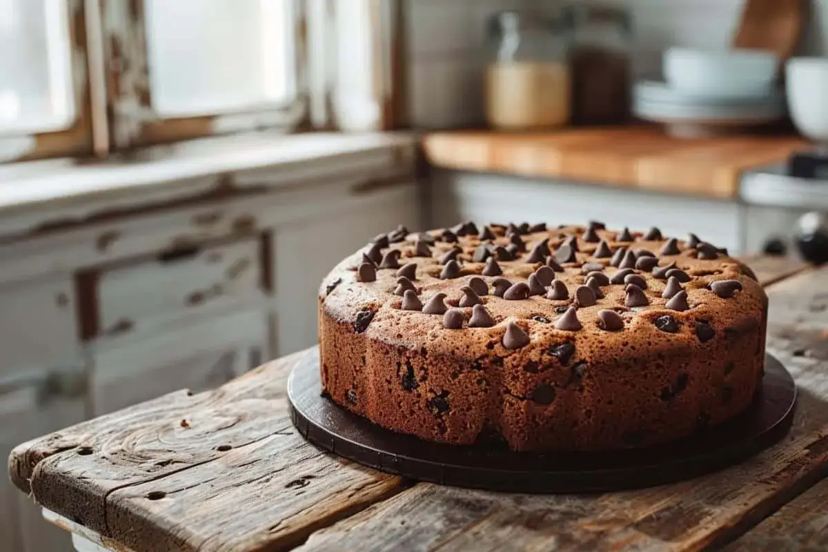 Un d&eacute;licieux cake au chocolat, parsem&eacute; de p&eacute;pites, attend sur une table en bois rustique.