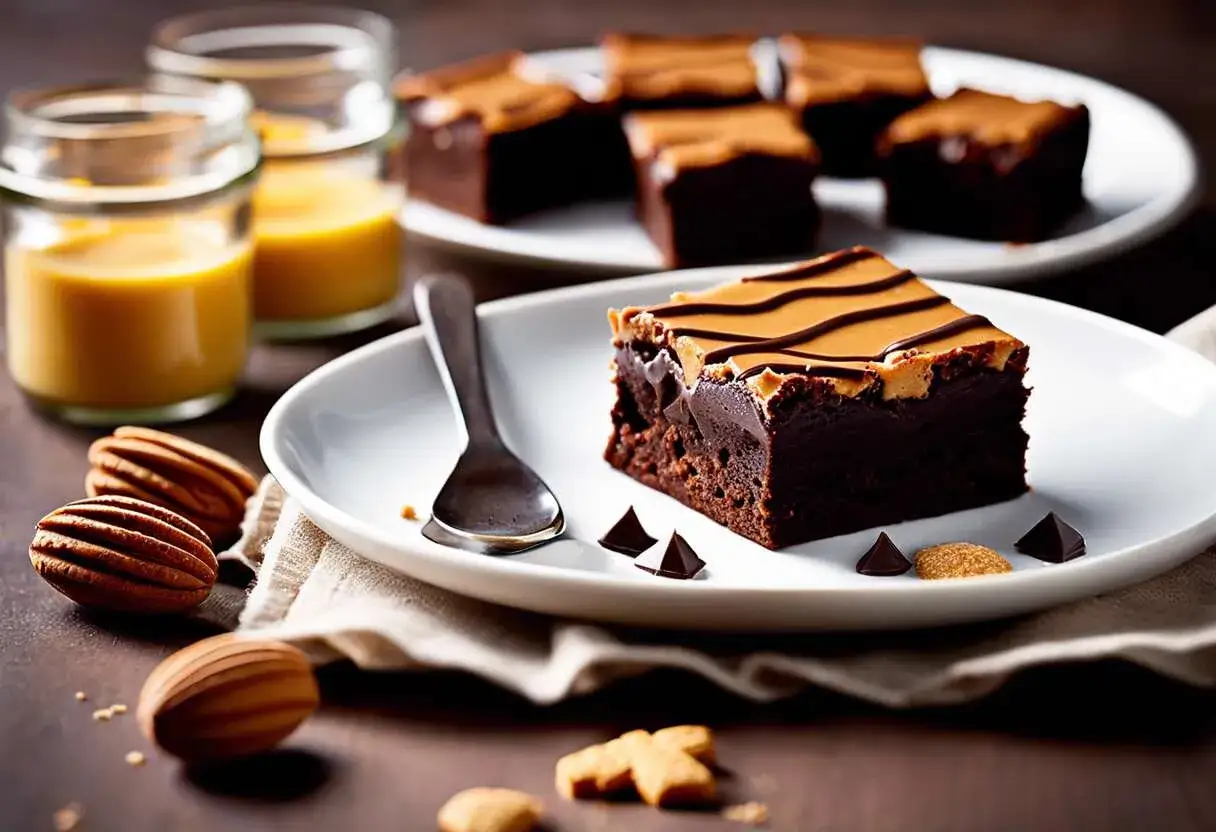 Un délicieux brownie speculoos, garni de glaçage et de chocolat, servi avec une cuillère et des petits pots de crème.