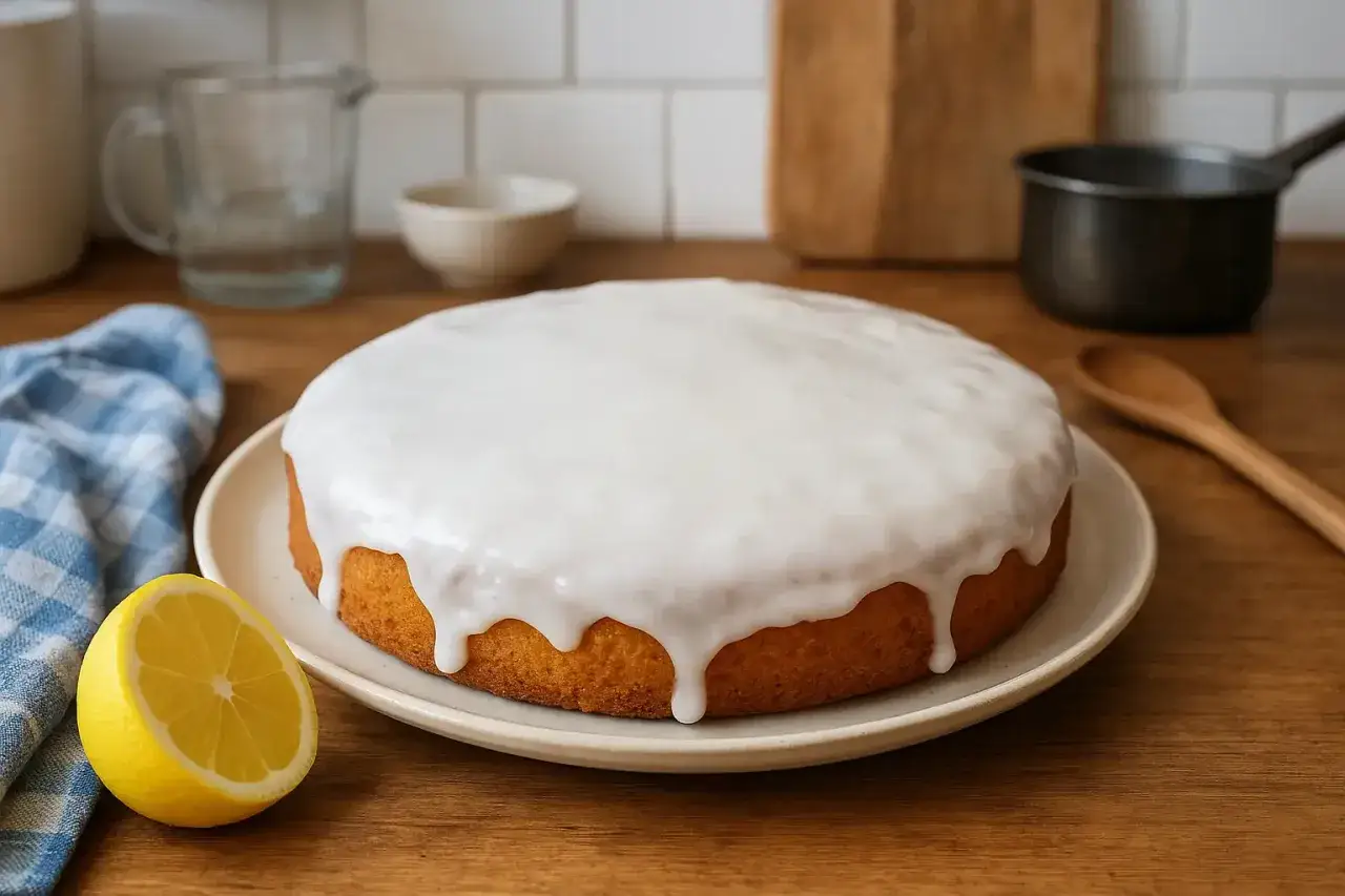 Gâteau rond avec un glacage citron dégoulinant, une moitié de citron jaune à côté.