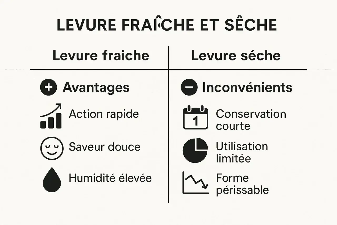 Tableau comparatif : équivalence levure fraîche et sèche. Avantages de la fraîche (rapide, douce, humide) vs inconvénients de la sèche (courte conservation, limitée, périssable).