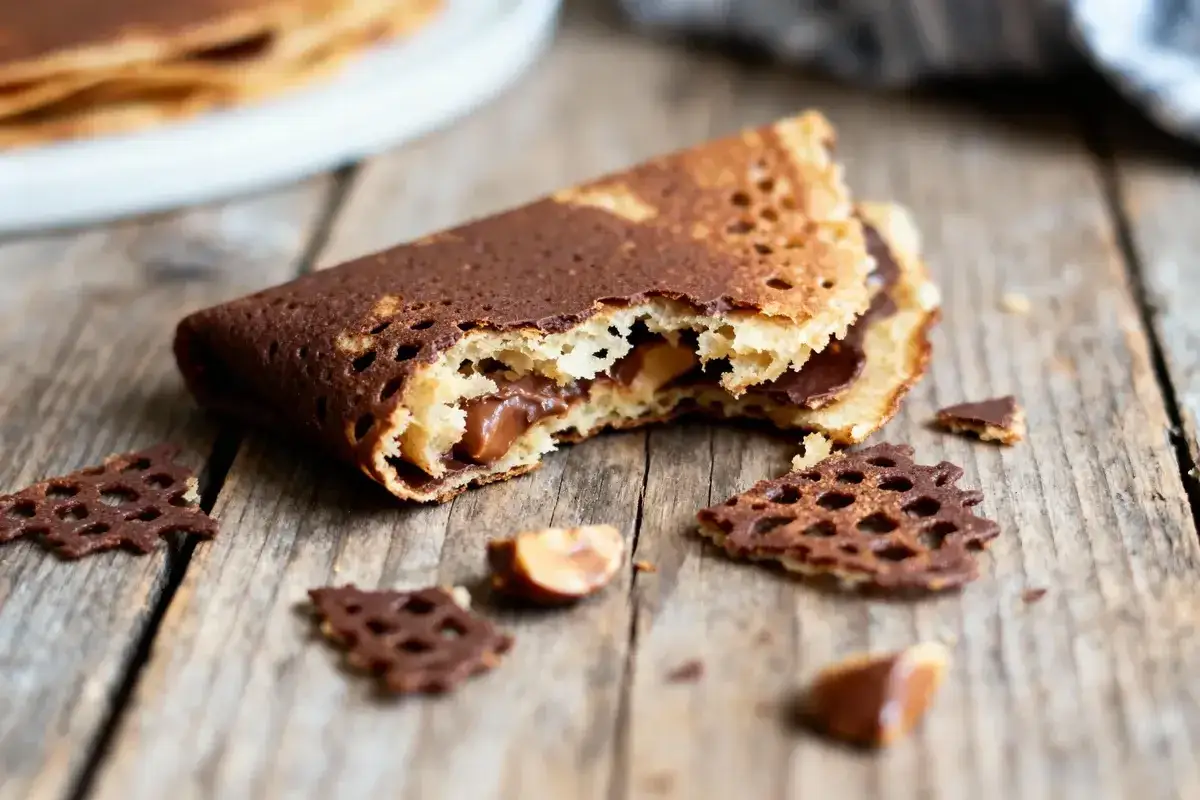 Cr&ecirc;pe au chocolat, garnie d'une cr&egrave;me onctueuse et parsem&eacute;e de morceaux croustillants feuillantine sans pralin&eacute;. Un d&eacute;lice !