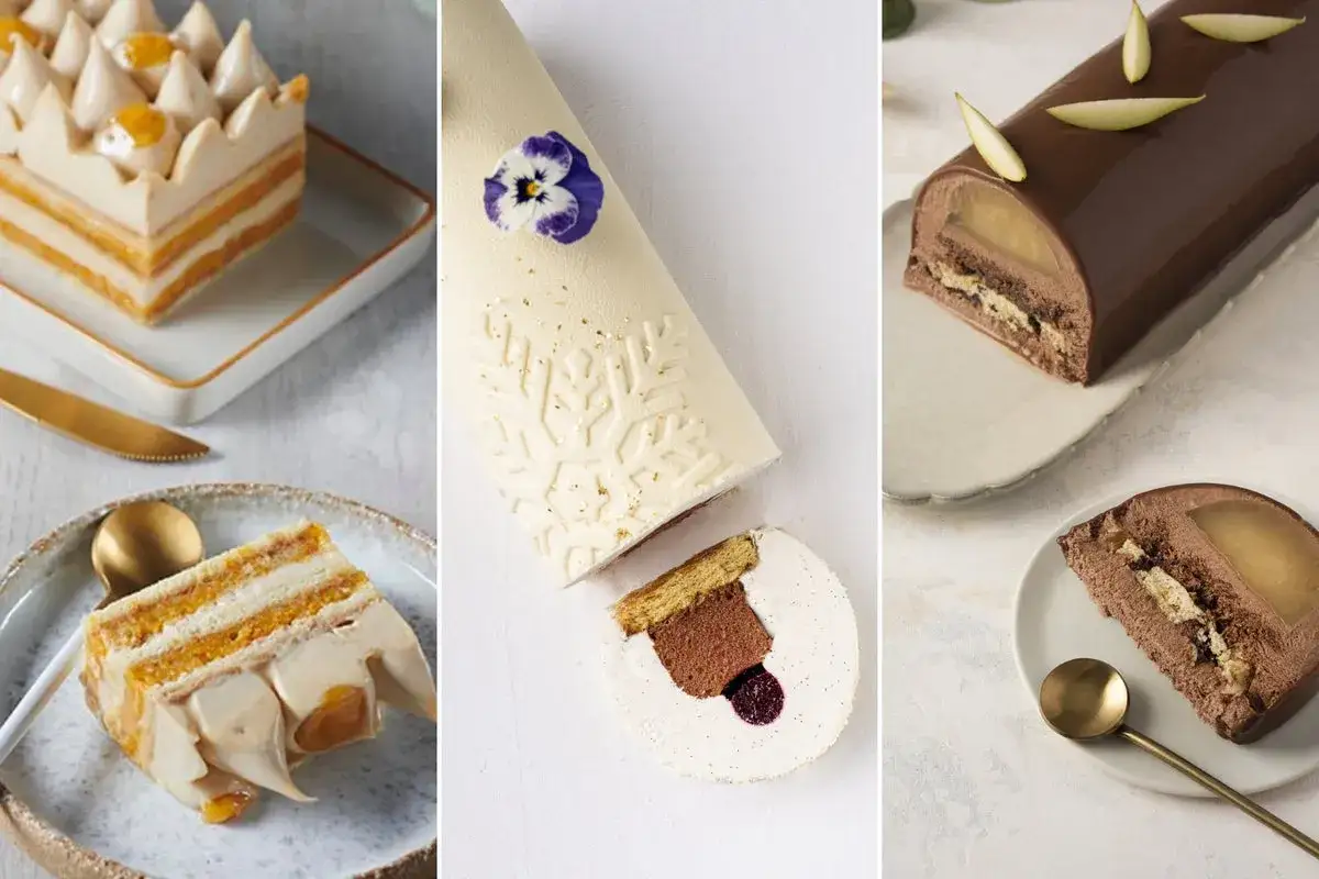 Trois b&ucirc;ches de No&euml;l &eacute;l&eacute;gantes : une &agrave; la cr&egrave;me et fruits, une blanche givr&eacute;e, et une au chocolat et poire. Id&eacute;es pour savoir avec quoi recouvrir une b&ucirc;che de no&euml;l.