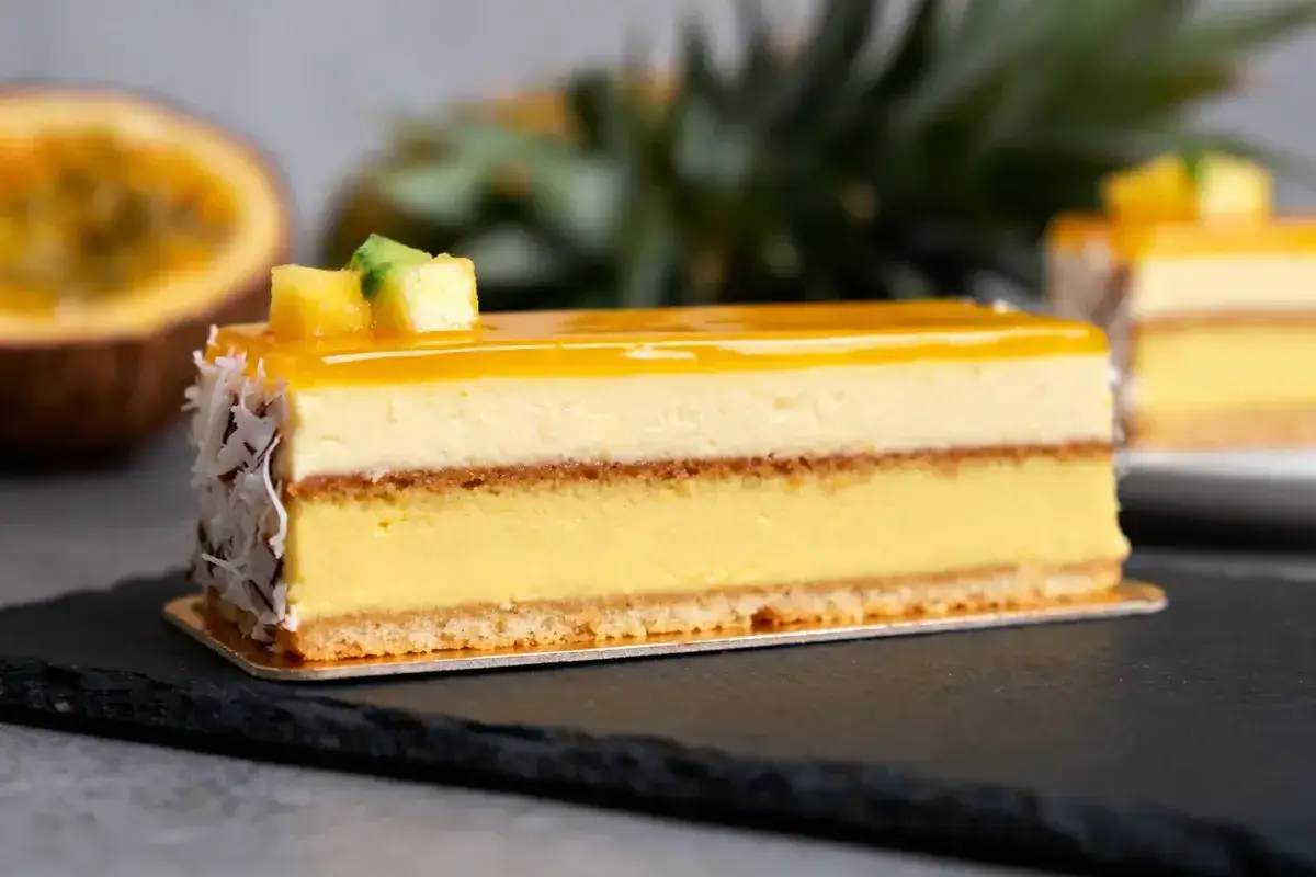 Un entremet exotique aux fruits de la passion et mangue, parfait pour une recette d'entremet réussie. Décoré de copeaux de noix de coco.