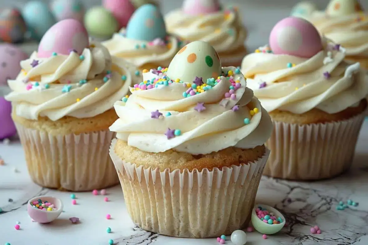 Cupcakes décorés d'œufs de Pâques et de vermicelles colorés. La meilleure recette cupcake pour célébrer la saison !