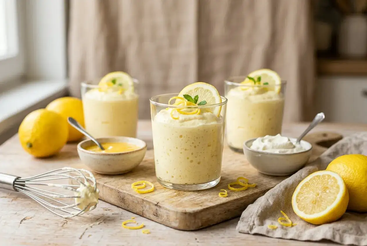 Trois verres de mousse au citron a&eacute;rienne, d&eacute;cor&eacute;s de rondelles de citron et de menthe. Des citrons frais, un fouet et des petits bols compl&egrave;tent cette sc&egrave;ne gourmande.