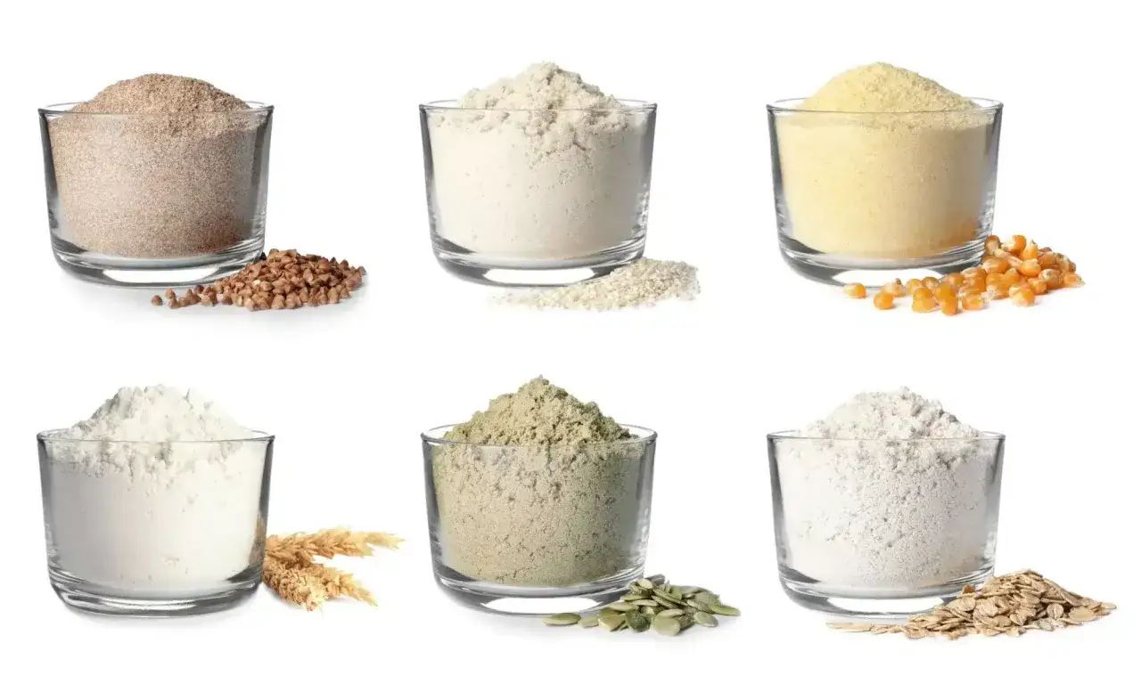 Six verres de farines différentes (sarrasin, riz, maïs, blé, courge, avoine) pour savoir quelle est la meilleure farine pour les diabétiques.