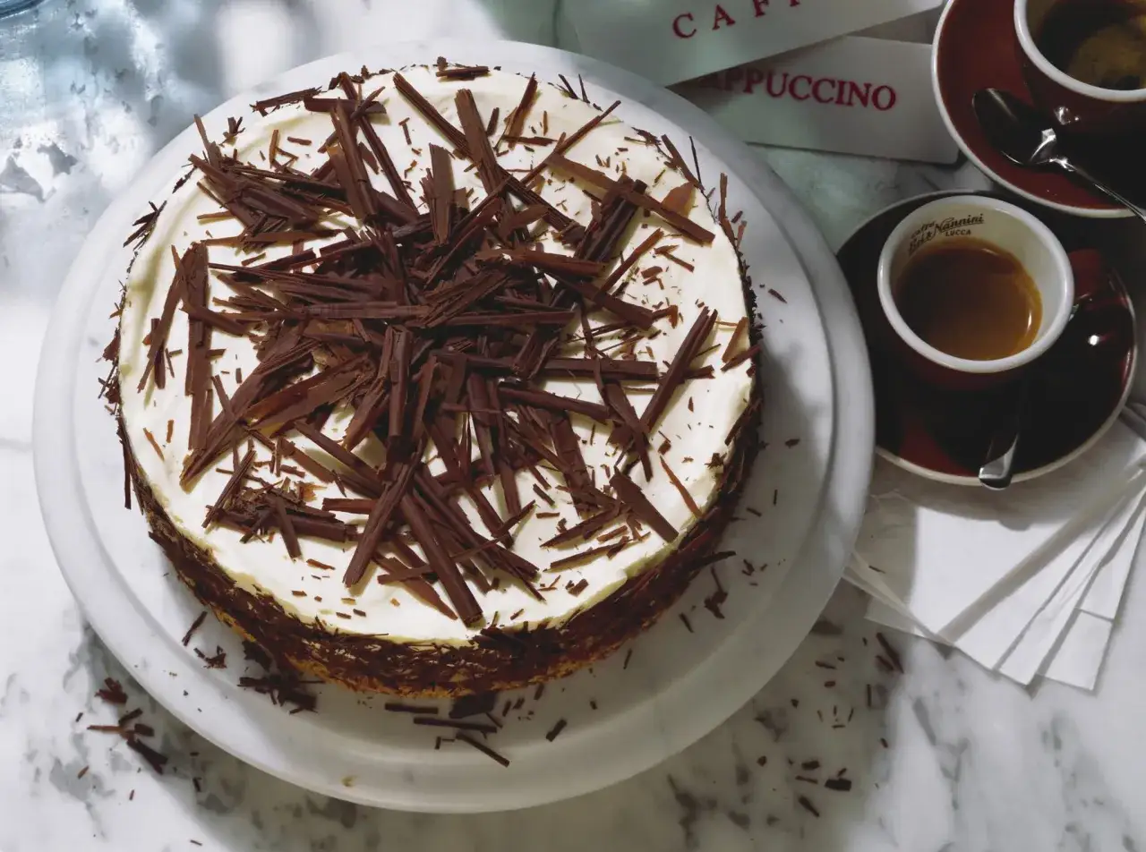 G&acirc;teau au chocolat et mascarpone, garni de copeaux de chocolat noir. Parfait pour accompagner un caf&eacute;.