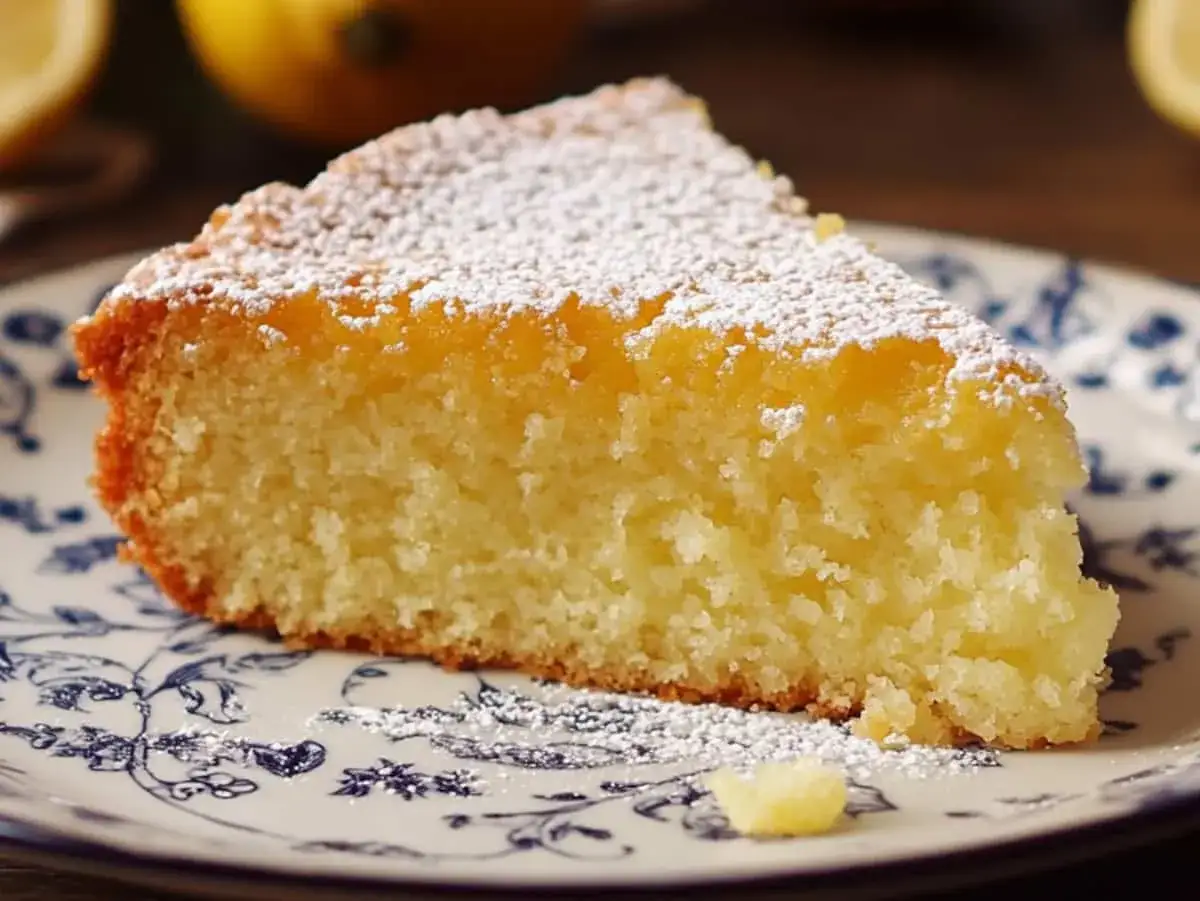 Tranche de gâteau mascarpone citron, saupoudrée de sucre glace, sur une assiette ornée. Un délice acidulé et crémeux.