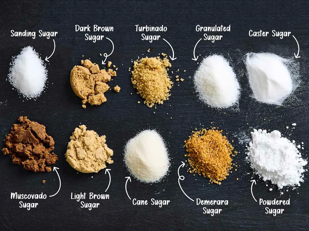 Divers types de sucre en pâtisserie : sucre glace, cassonade, vergeoise, sucre de canne, etc. pour des créations sucrées parfaites.