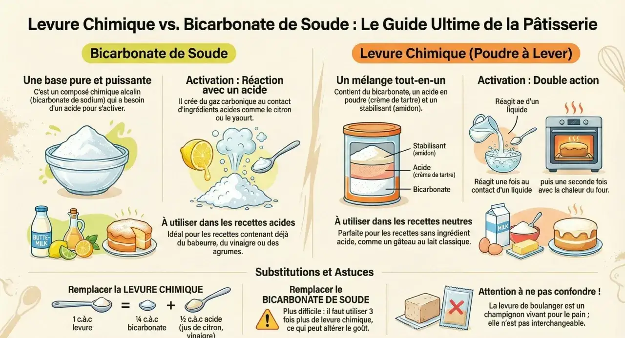 Comparaison levure chimique et bicarbonate de soude. Guide de pâtisserie montrant le dosage, l'activation et l'utilisation de chaque produit.