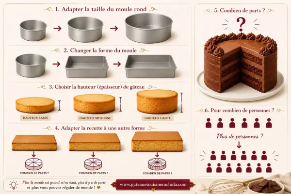 Guide pour adapter la recette de gâteau : taille, forme, hauteur, et le nombre de parts à découper. Plus le moule est grand, plus il y a de parts.