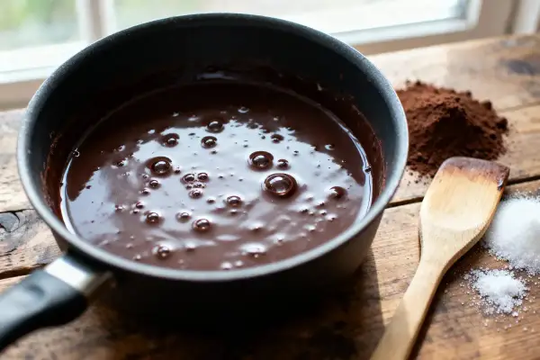 Comment faire fondre du chocolat : une casserole de chocolat fondu, du cacao en poudre, du sucre et une spatule en bois sur une table en bois.