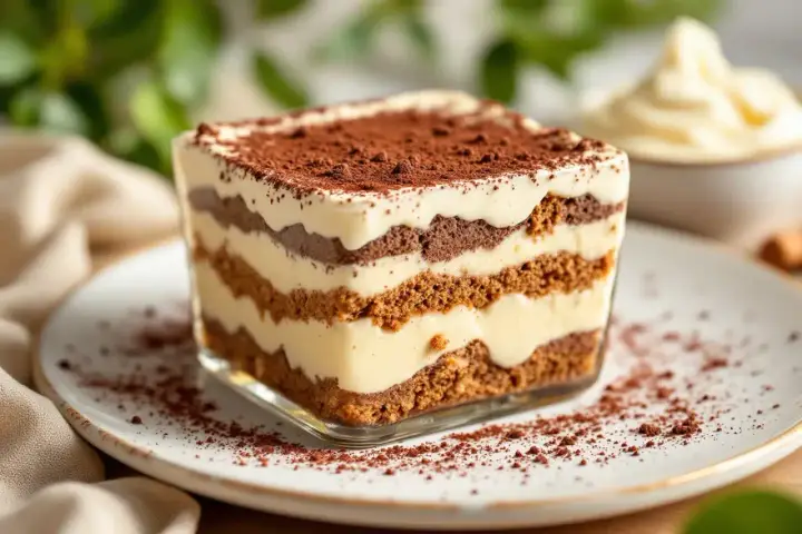 Un délicieux tiramisu, parfait pour une recette mascarpone. Des couches de biscuits, de crème et de cacao.