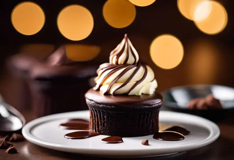 Gourmandise chocolatée : un petit gâteau au glaçage brillant, surmonté d'une ganache délicate et de crème fouettée.