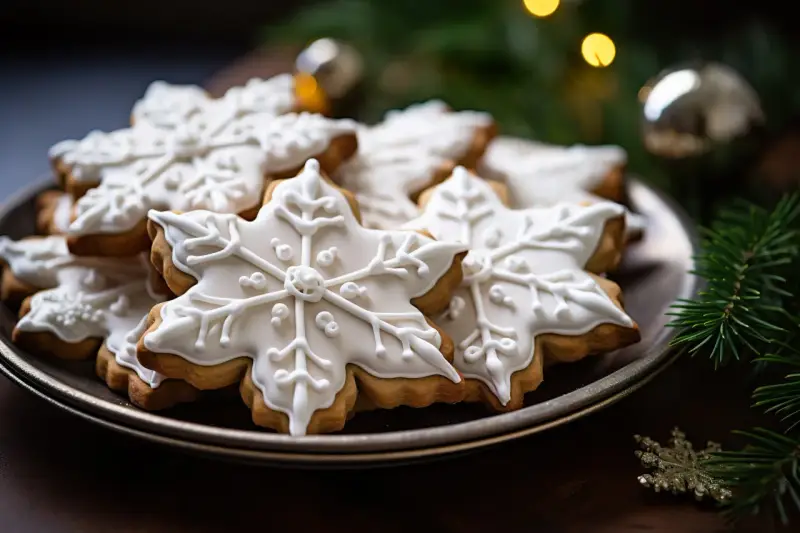 Biscuits en forme de flocons de neige, décorés d'un glacage royal blanc. Ambiance hivernale festive.