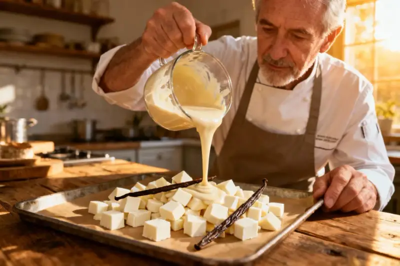 Un chef verse une ganache vanille onctueuse sur des cubes de chocolat blanc et des gousses de vanille.
