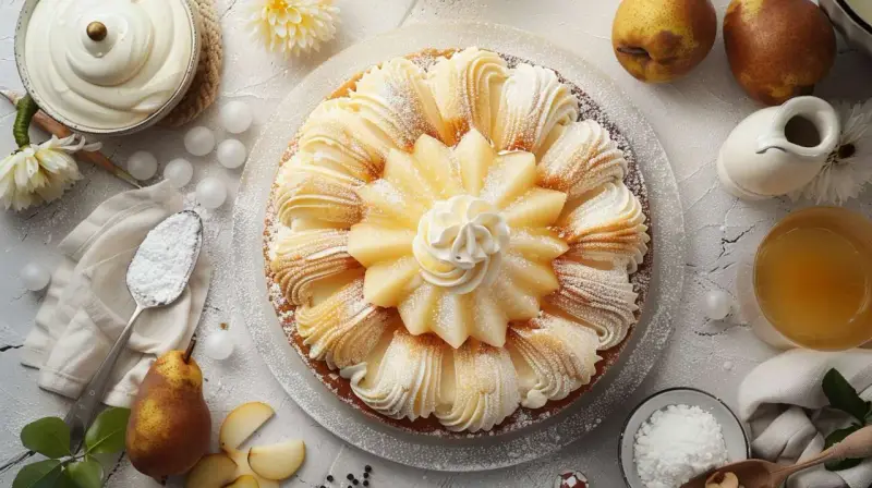 Une magnifique charlotte aux poires, ornée de fines lamelles de fruits et de crème fouettée, saupoudrée de sucre glace.